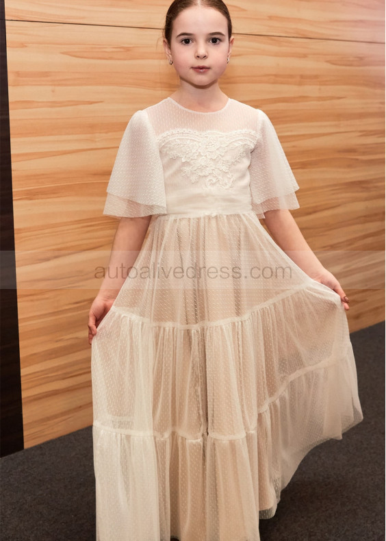 Dotted Lace Tulle Lovely Country Flower Girl Dress Dotted Lace Tulle Lovely Country Flower Girl Dress